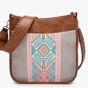 Bohemian Crossbody Bag with Aztec Design and Vegan Leather Trim